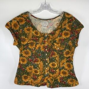Vintage At Last Studio Cottagecore Sunflower Corn Cherry Button Up Short Sleeve